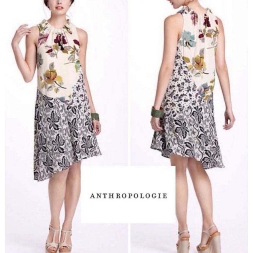 Postmark 100% Silk Asymmetrical Floral dress Cream Size 6